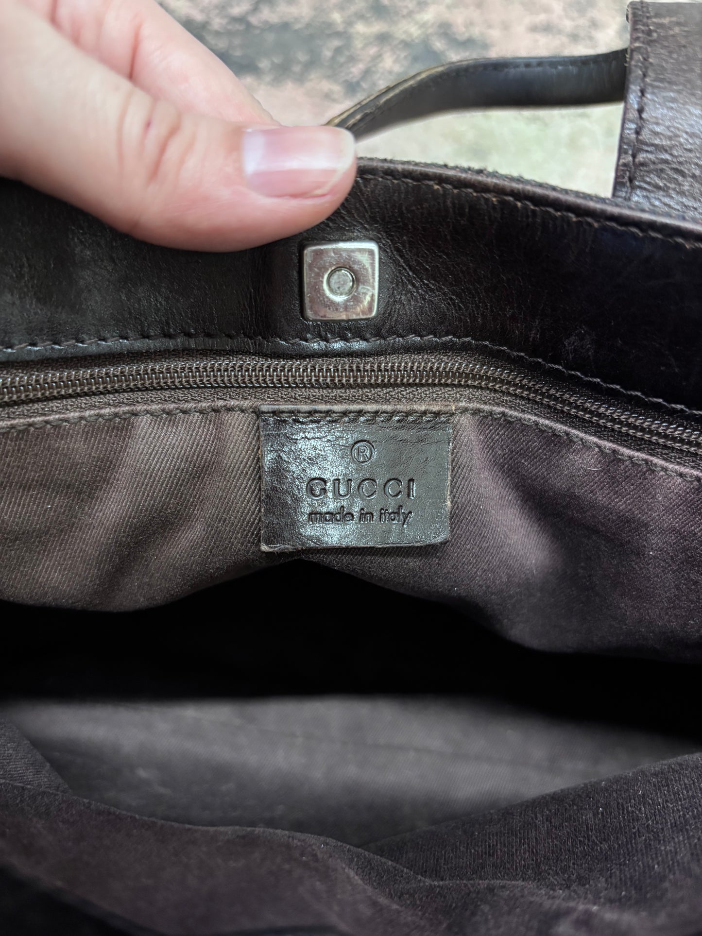 Gucci GG Denim Dark Brown Signature Top Handle Bag with Leather Trim