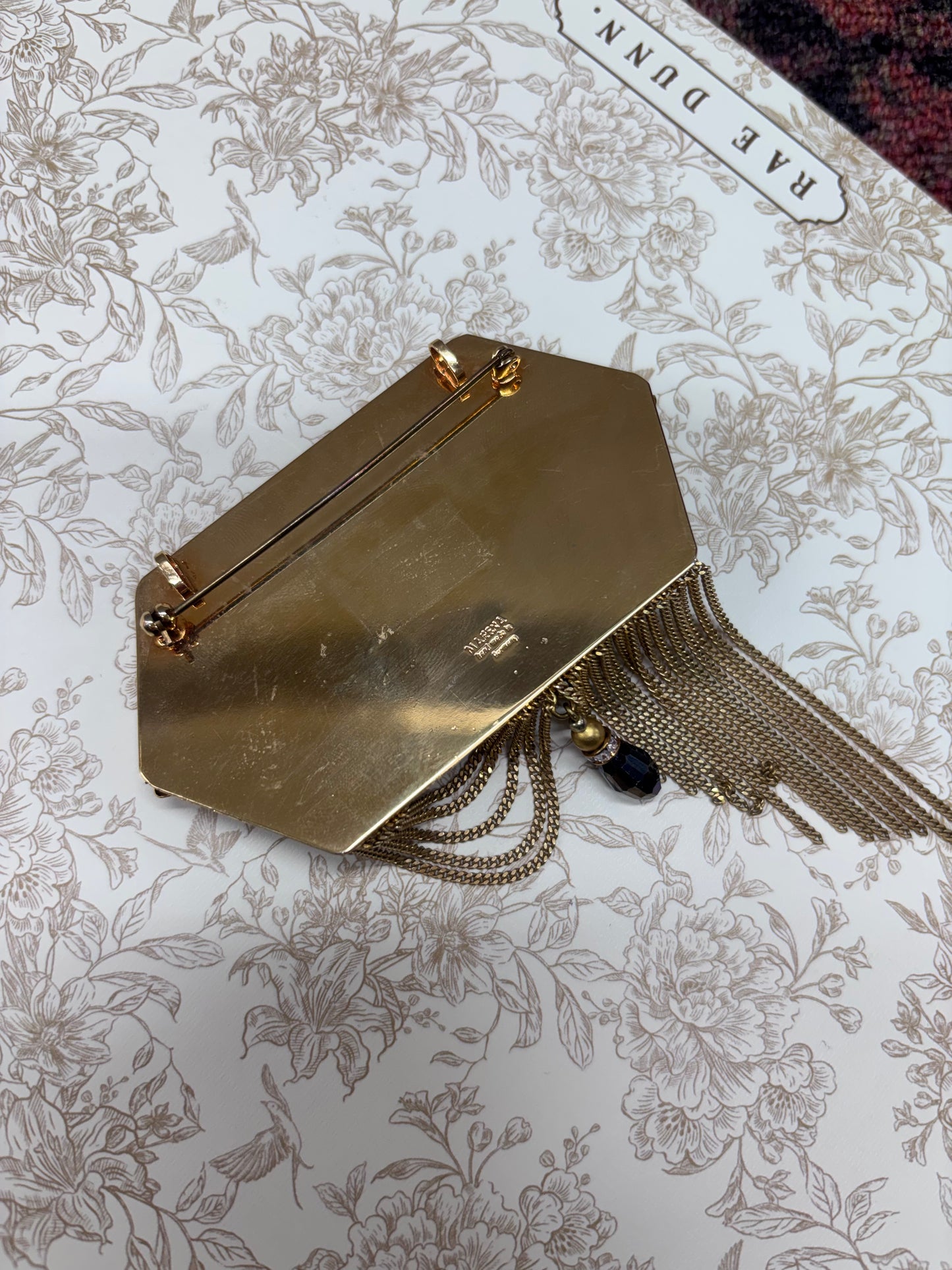 Vintage Marena Gold-Tone and Black Cabochon Crystal Dangle Brooch Pendant