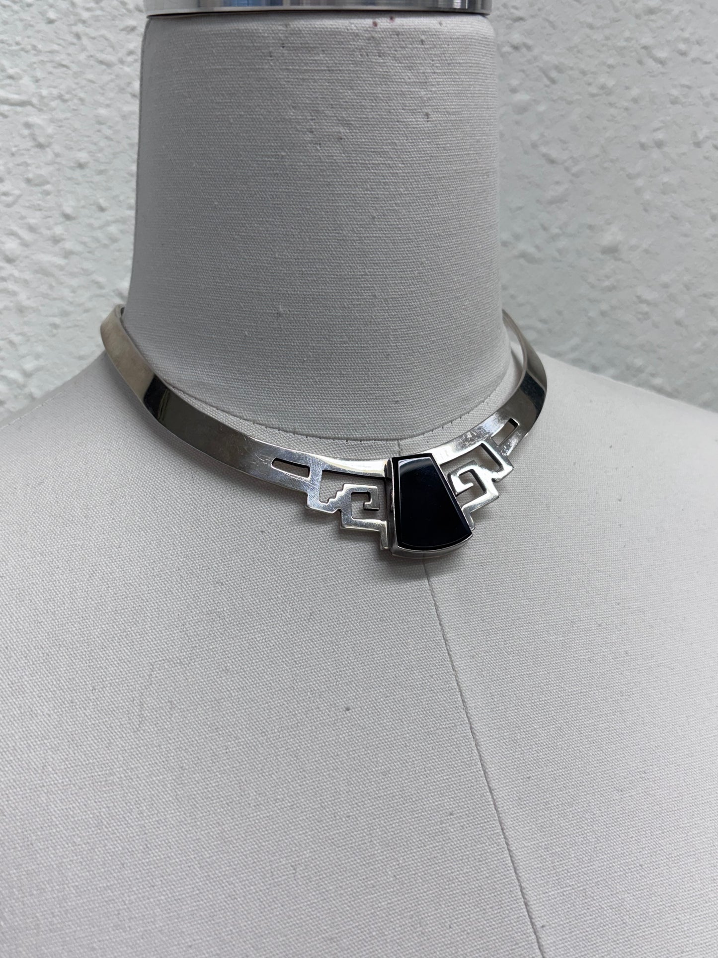 Vintage Mexican Taxco Sterling Silver and Black Onyx Geometric Collar Necklace