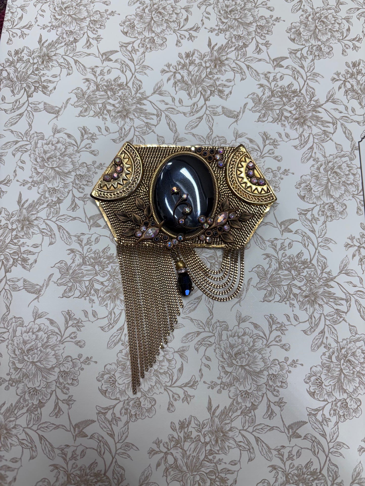 Vintage Marena Gold-Tone and Black Cabochon Crystal Dangle Brooch Pendant