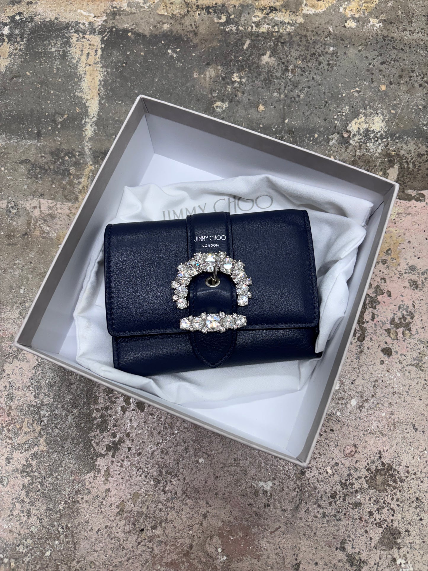 Jimmy Choo Cheri Cosmos Leather CZ Jewel Small Trifold Wallet in Navy Blue