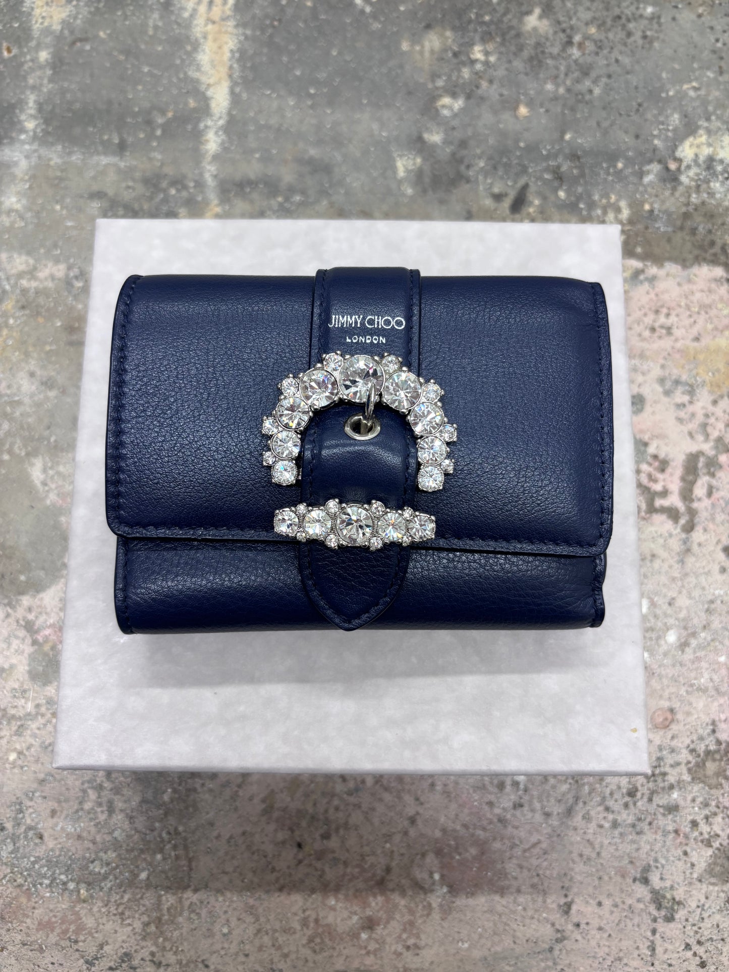 Jimmy Choo Cheri Cosmos Leather CZ Jewel Small Trifold Wallet in Navy Blue