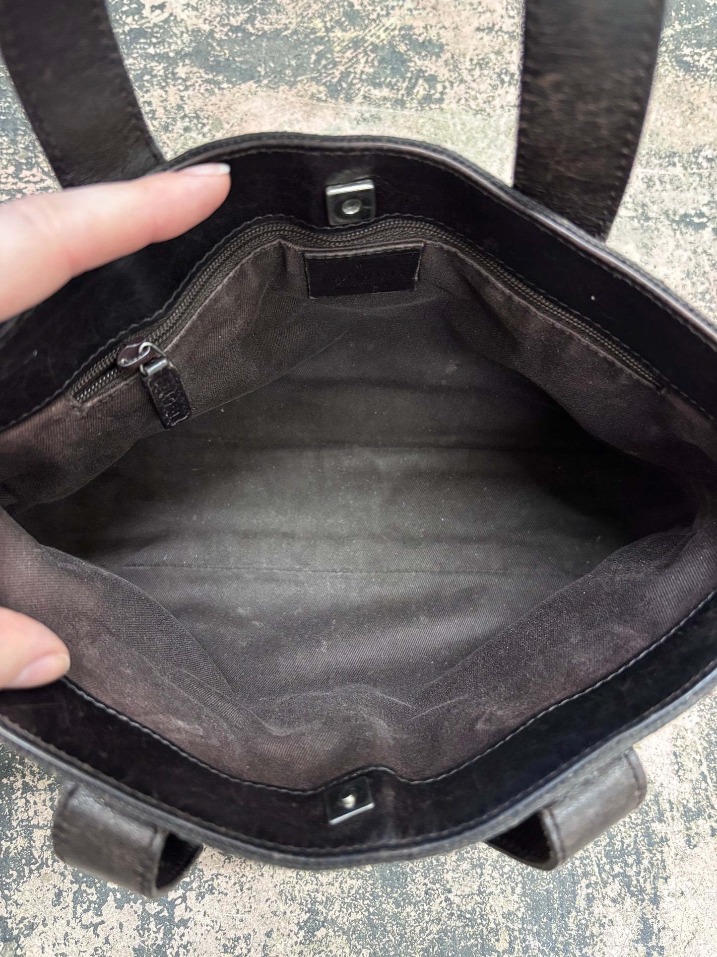 Gucci GG Denim Dark Brown Signature Top Handle Bag with Leather Trim