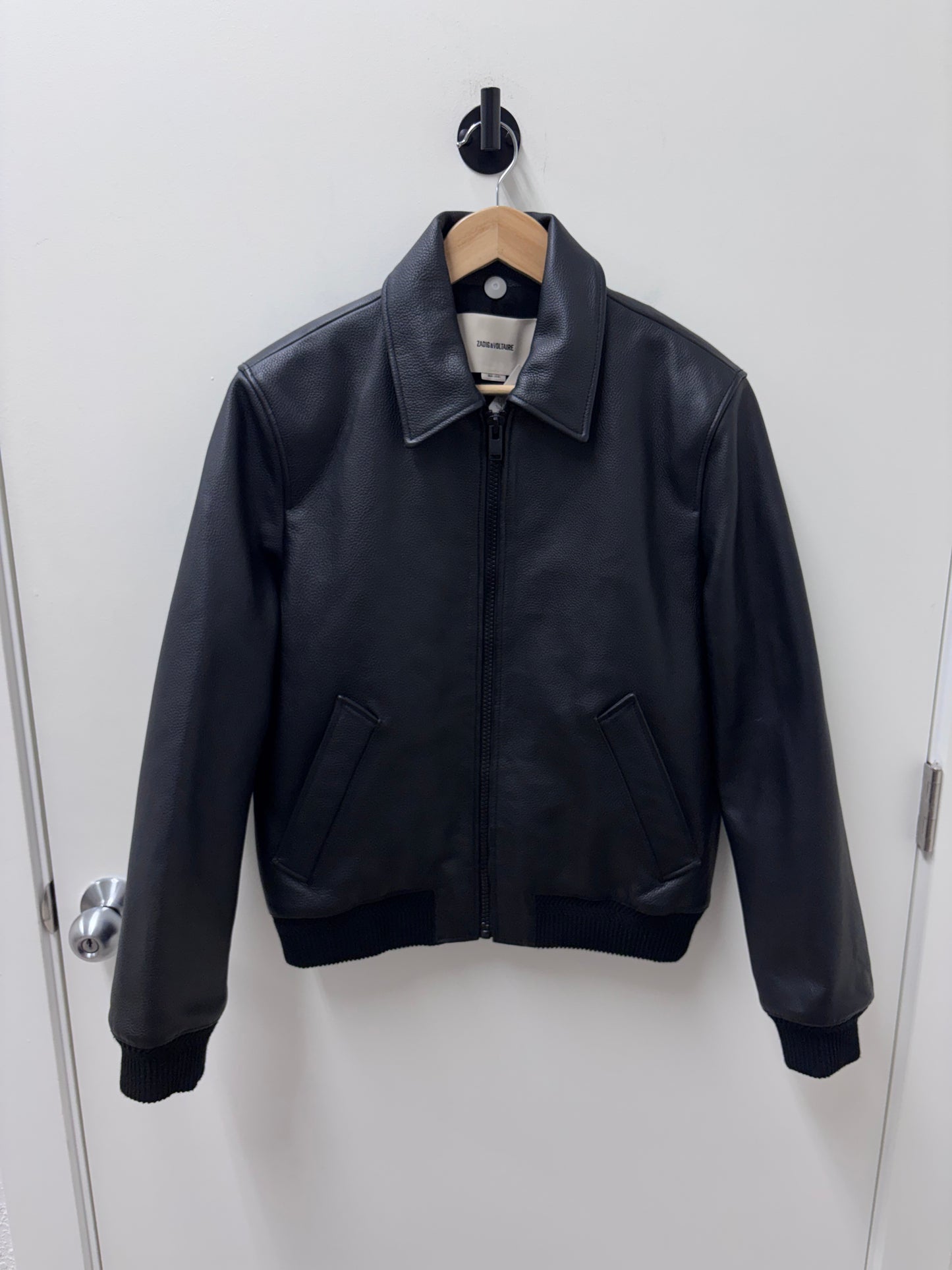 NWT Zadig & Voltaire Black Mate Padded Grained Leather Biker Jacket