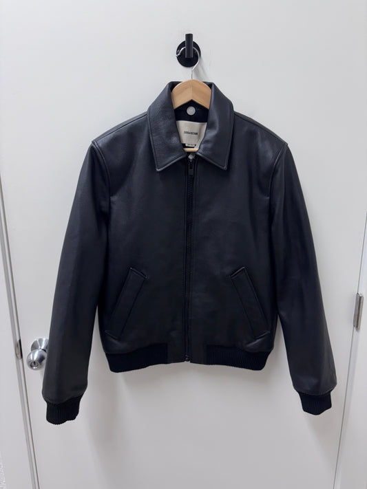 NWT Zadig & Voltaire Black Mate Padded Grained Leather Biker Jacket