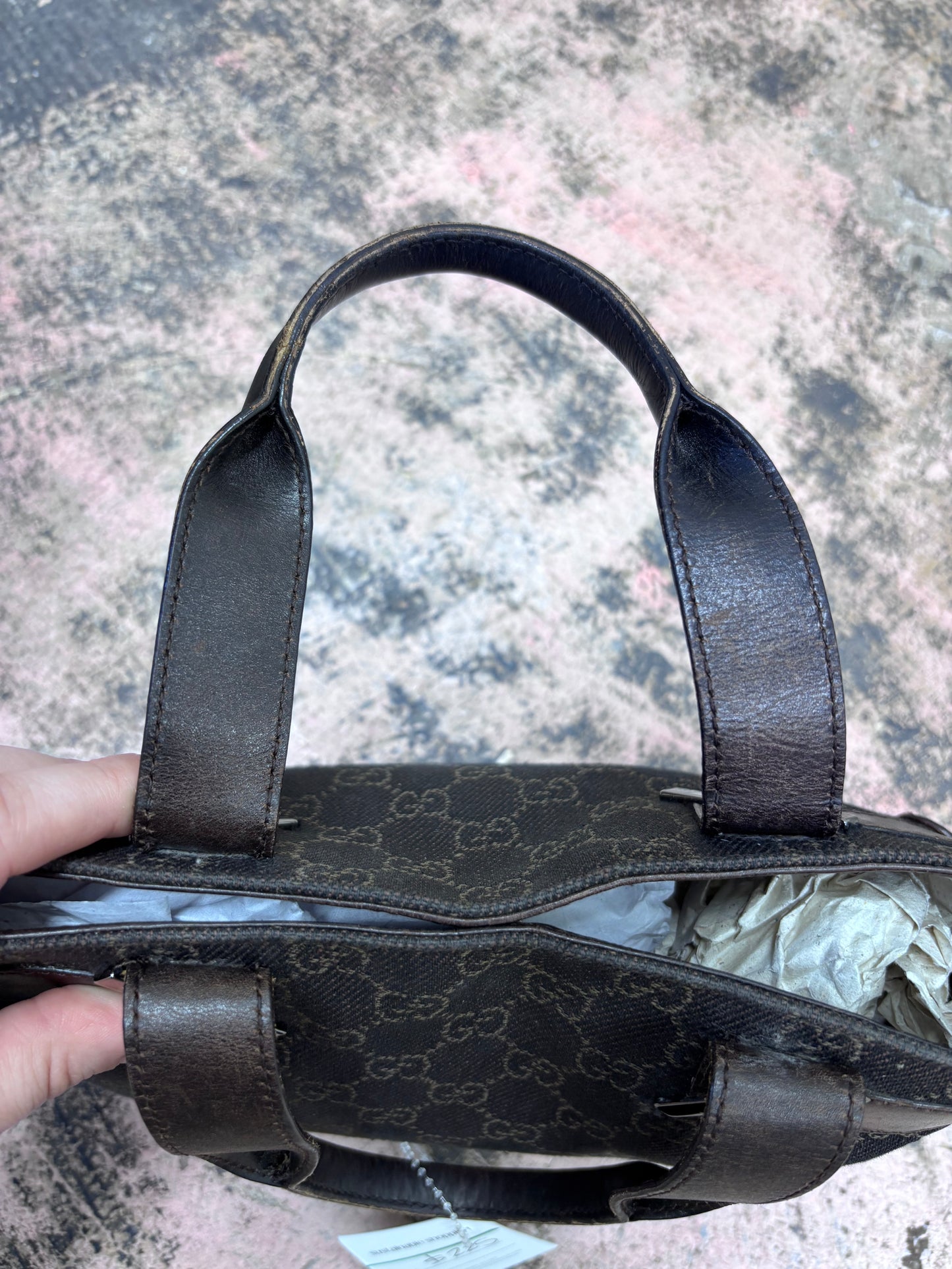 Gucci GG Denim Dark Brown Signature Top Handle Bag with Leather Trim