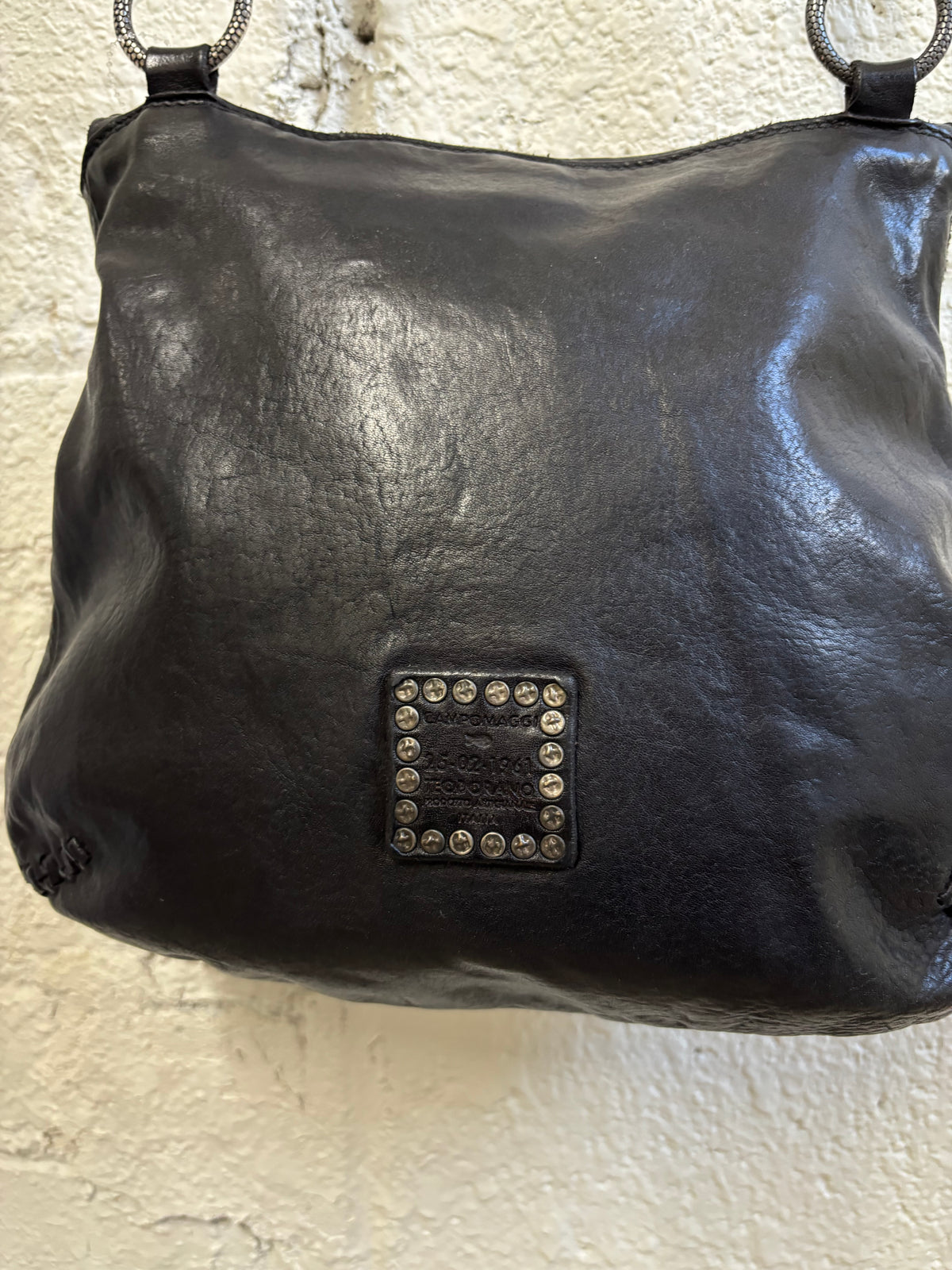 Campomaggi Black Leather Shoulder Bag with Stud Accents