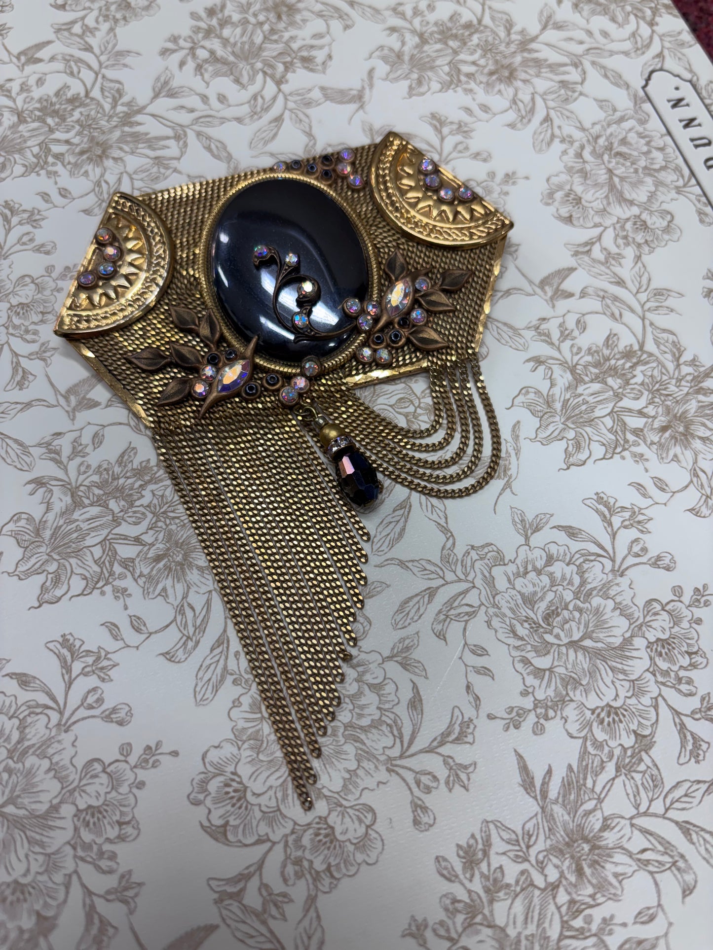 Vintage Marena Gold-Tone and Black Cabochon Crystal Dangle Brooch Pendant