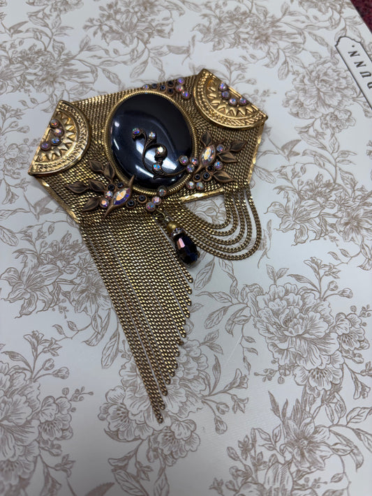 Vintage Marena Gold-Tone and Black Cabochon Crystal Dangle Brooch Pendant