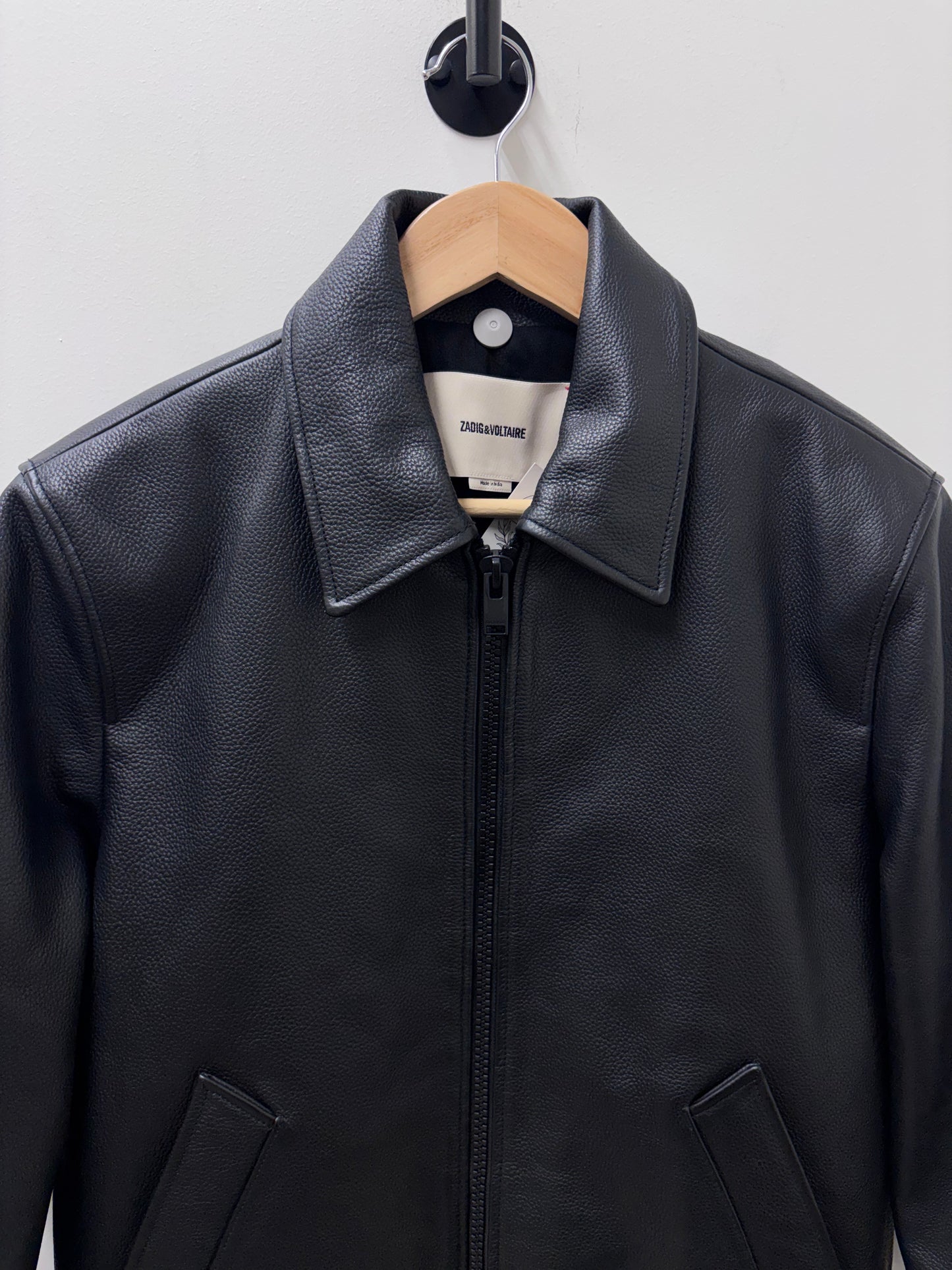 NWT Zadig & Voltaire Black Mate Padded Grained Leather Biker Jacket