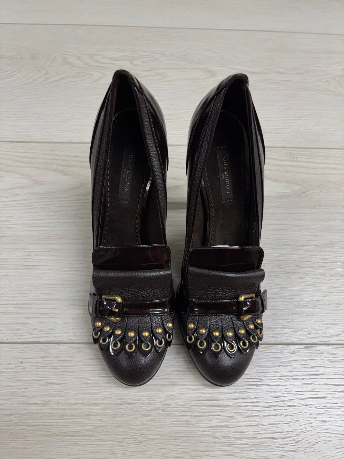 Louis Vuitton Balmoral Brogue Leather Pump in Moka with Gold Stud Accents