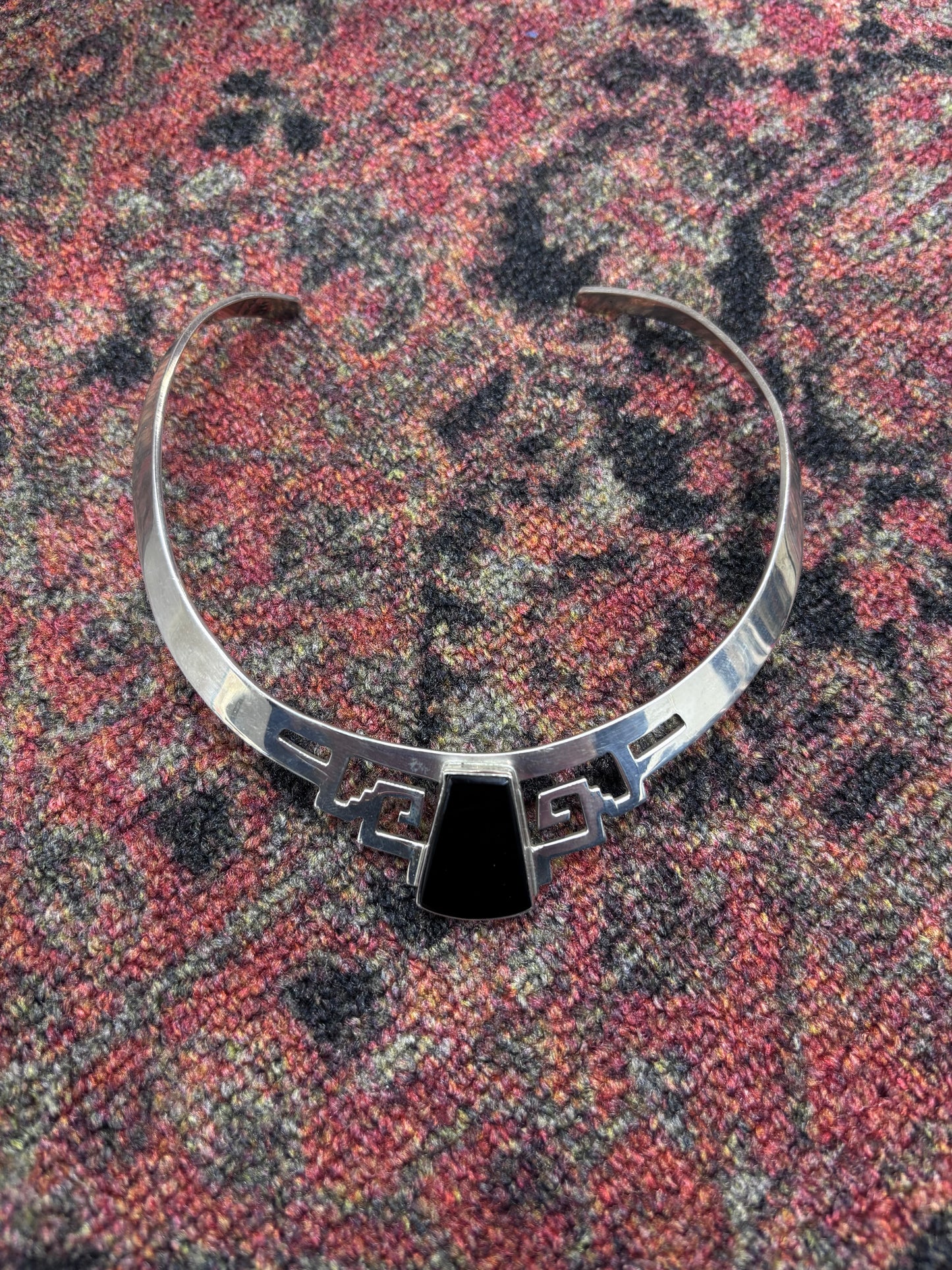 Vintage Mexican Taxco Sterling Silver and Black Onyx Geometric Collar Necklace