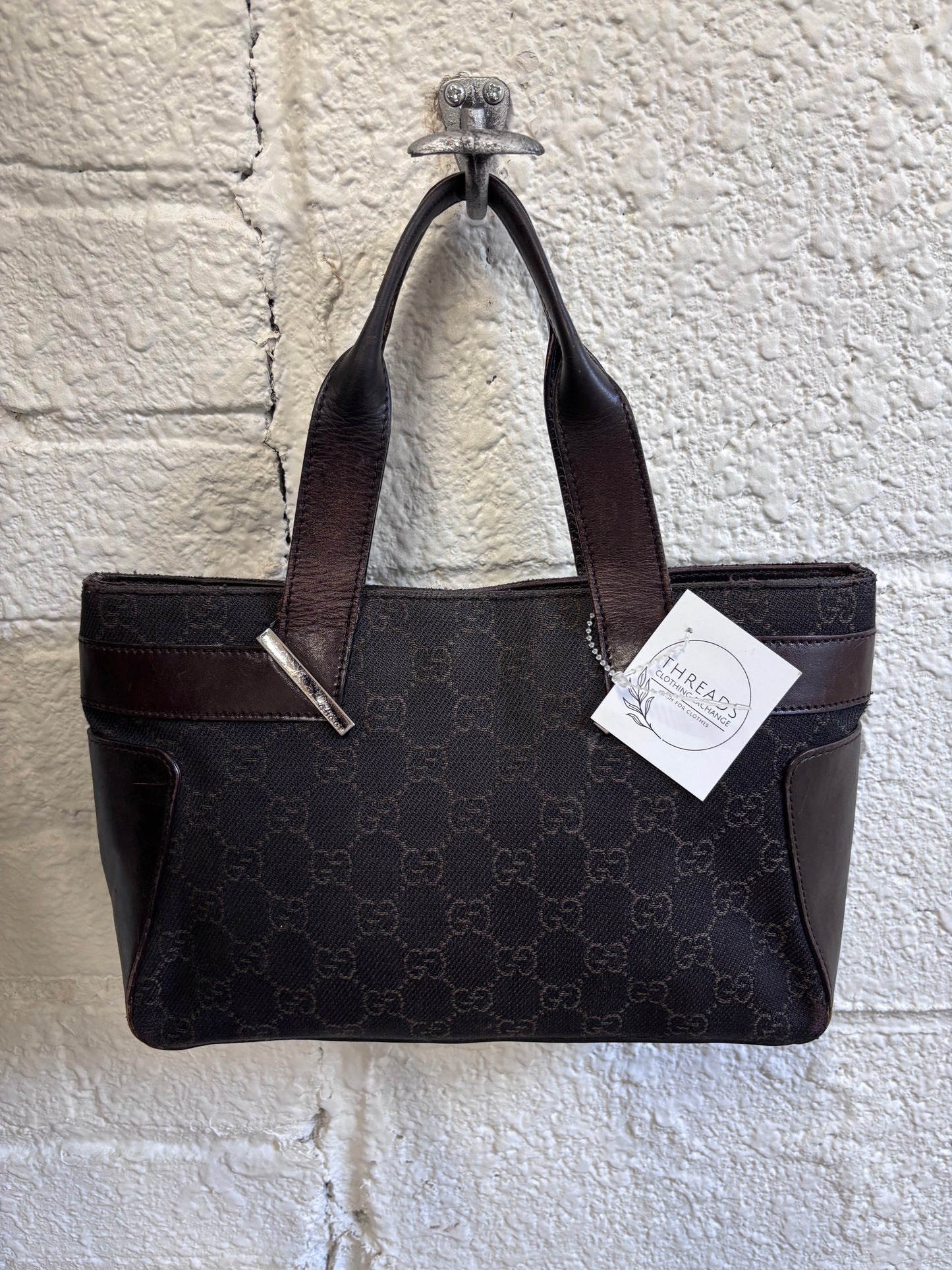 Gucci GG Denim Dark Brown Signature Top Handle Bag with Leather Trim