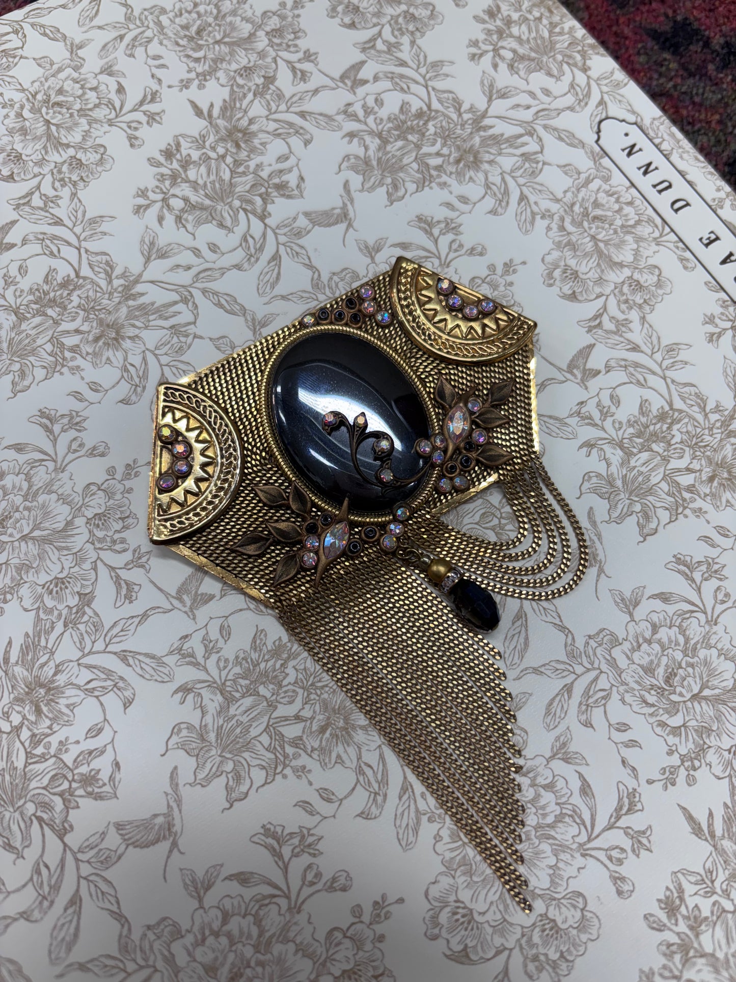 Vintage Marena Gold-Tone and Black Cabochon Crystal Dangle Brooch Pendant