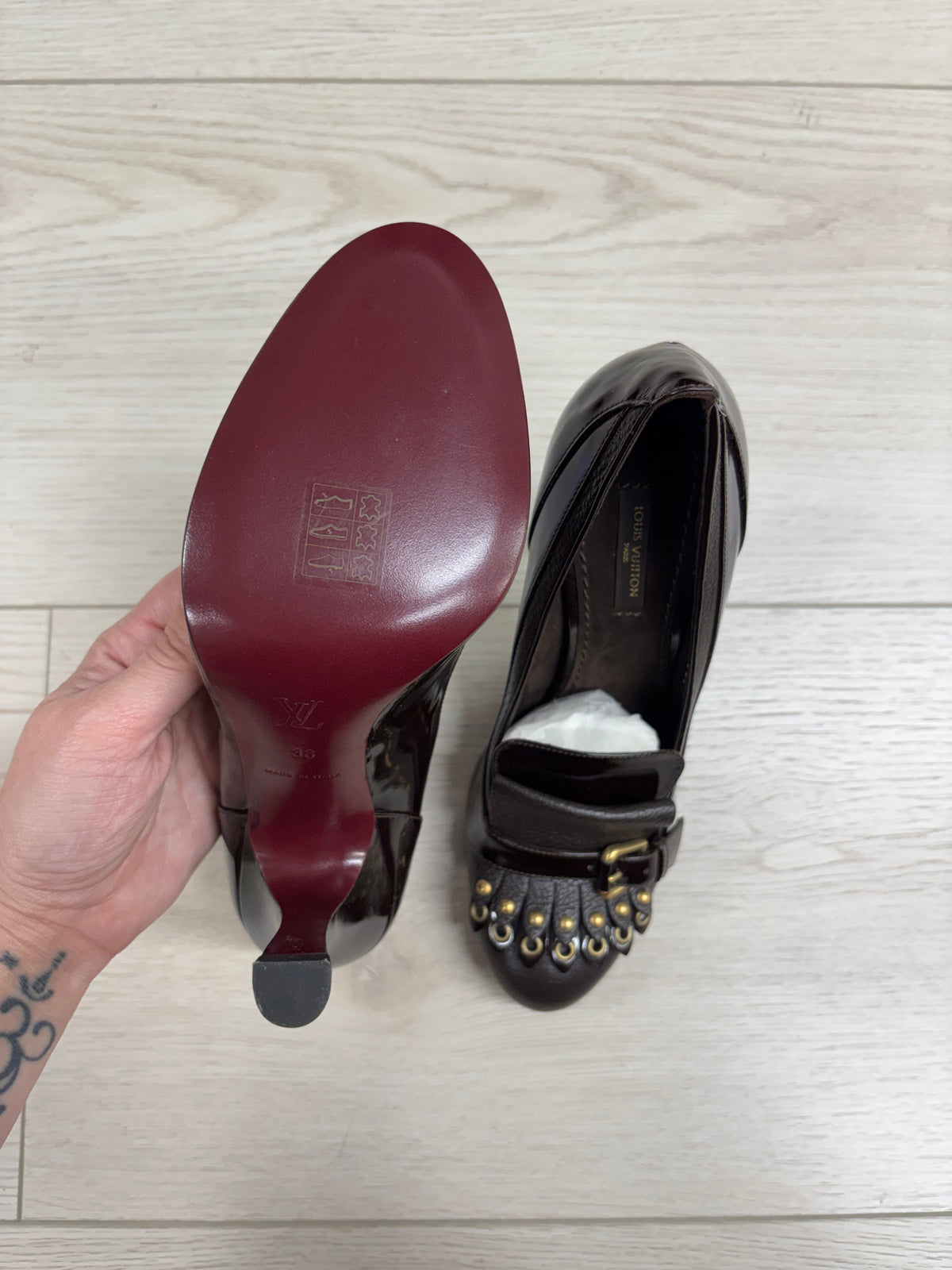 Louis Vuitton Balmoral Brogue Leather Pump in Moka with Gold Stud Accents
