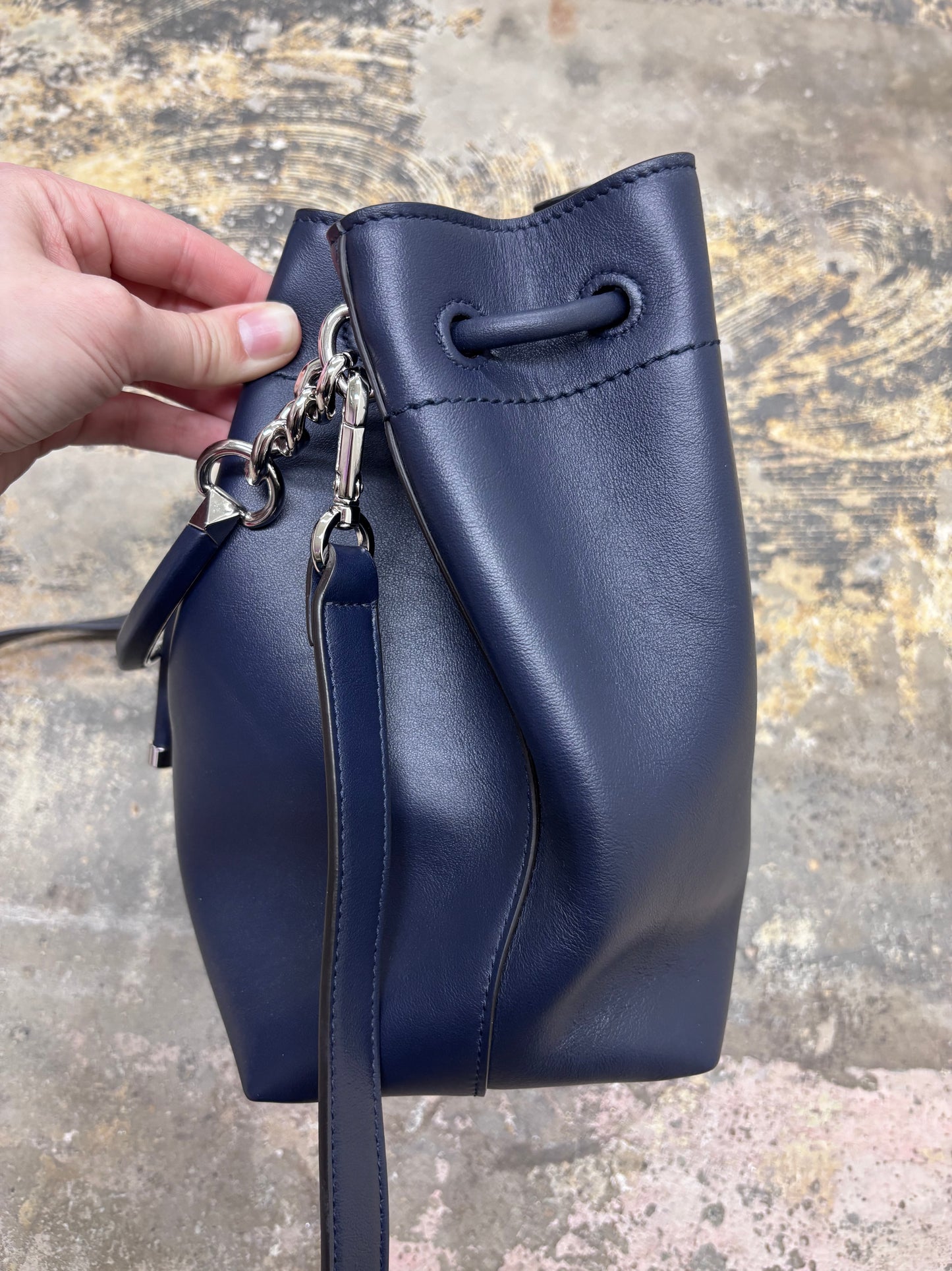 Jimmy Choo Bon Bon Leather Bucket Bag in Navy Blue