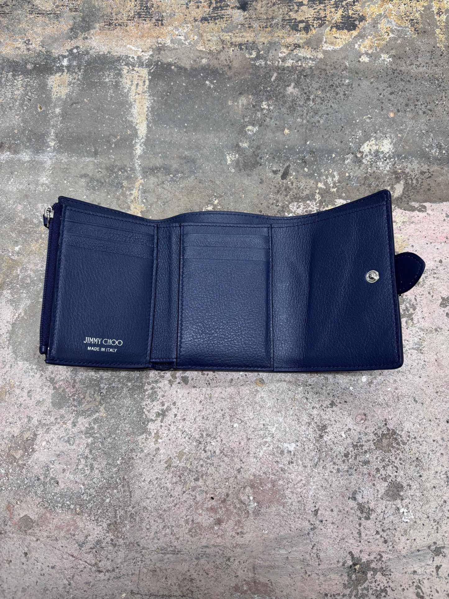 Jimmy Choo Cheri Cosmos Leather CZ Jewel Small Trifold Wallet in Navy Blue