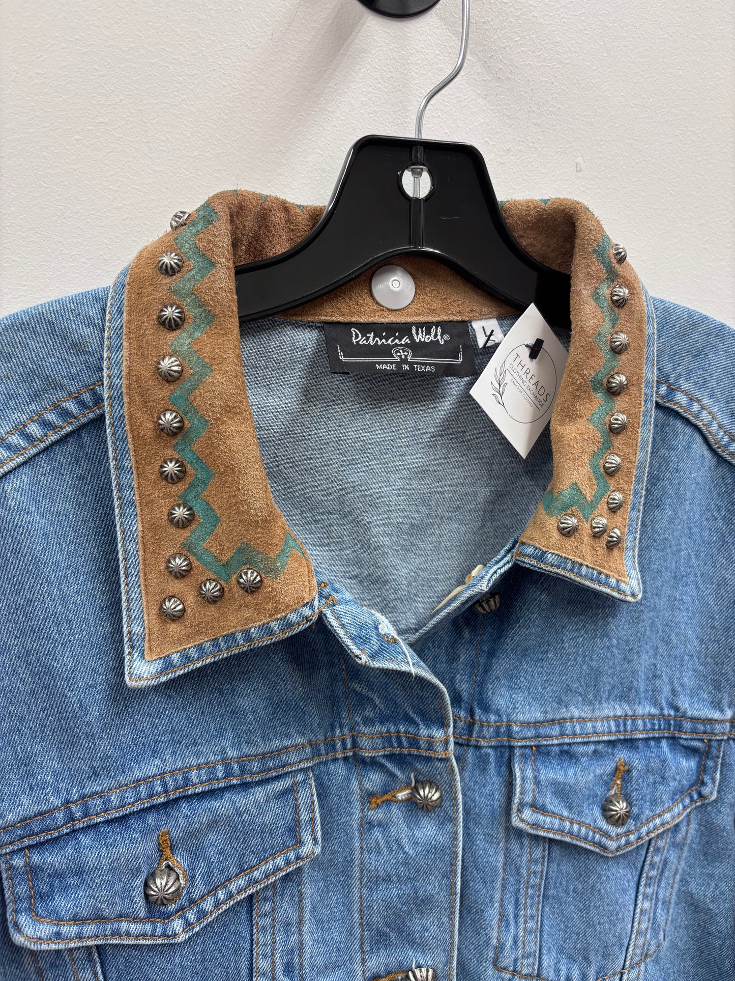 Vintage Patricia Wolf Blue Denim Jacket with Stud and Suede Embellishments