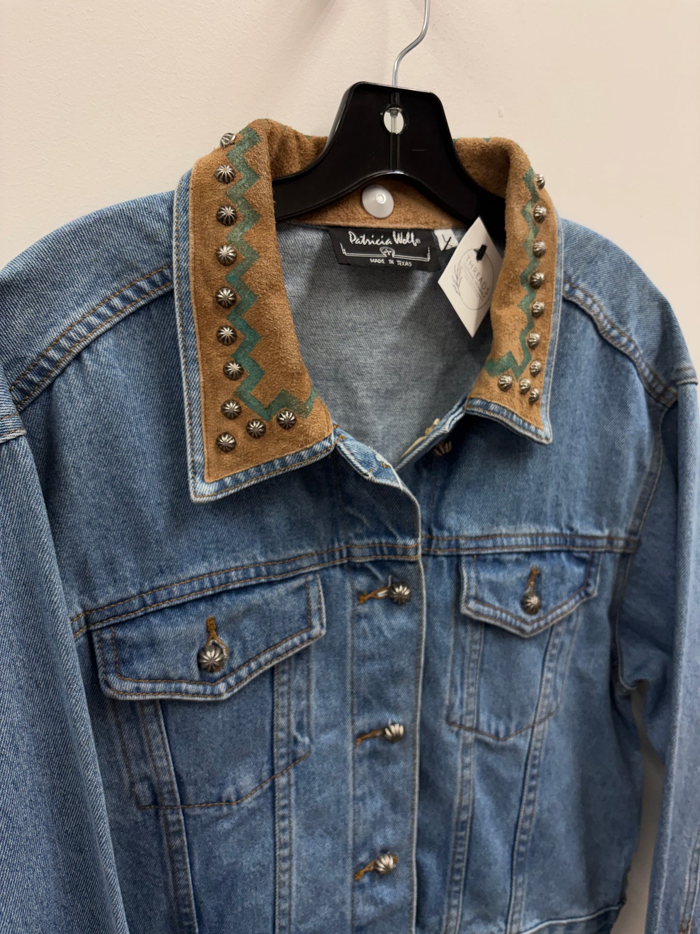 Vintage Patricia Wolf Blue Denim Jacket with Stud and Suede Embellishments