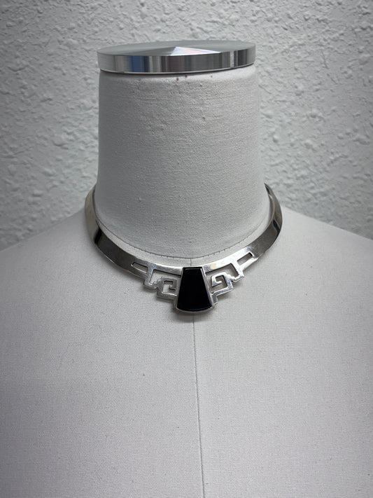 Vintage Mexican Taxco Sterling Silver and Black Onyx Geometric Collar Necklace