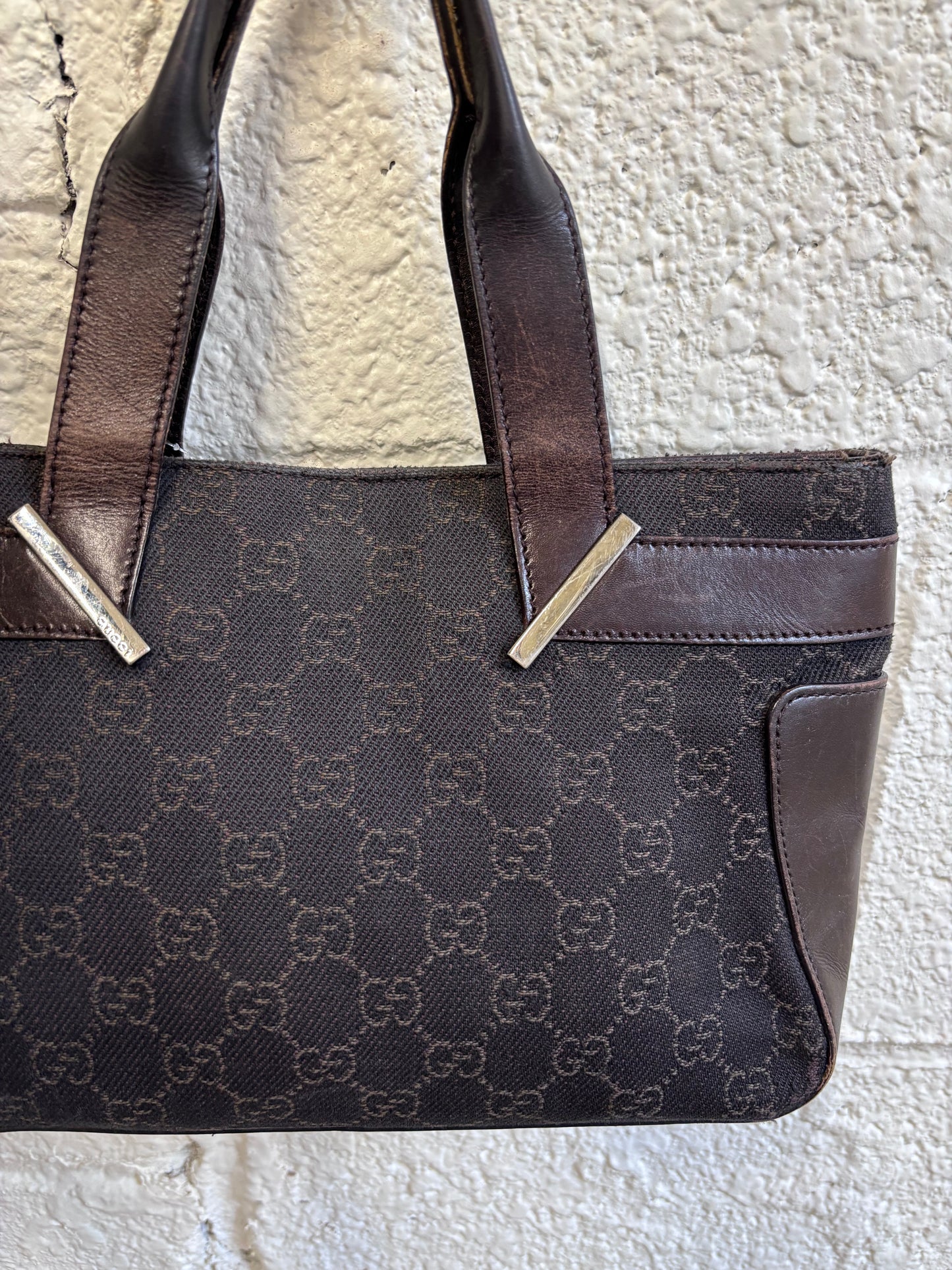 Gucci GG Denim Dark Brown Signature Top Handle Bag with Leather Trim