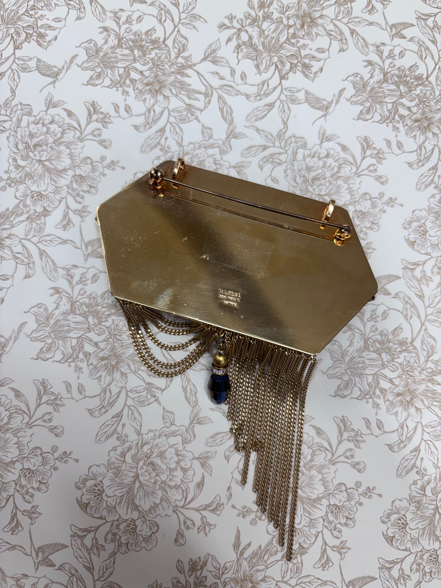 Vintage Marena Gold-Tone and Black Cabochon Crystal Dangle Brooch Pendant