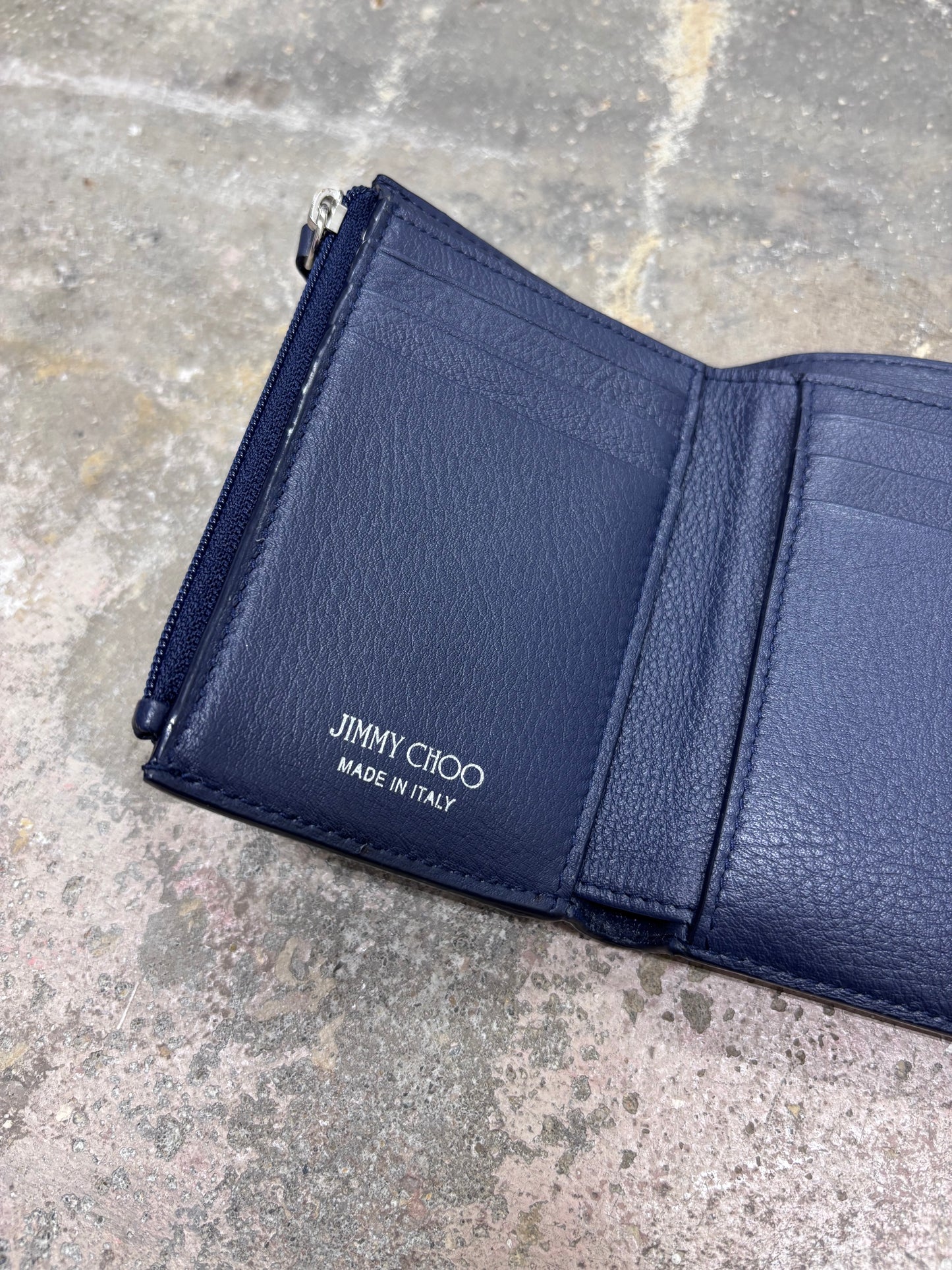 Jimmy Choo Cheri Cosmos Leather CZ Jewel Small Trifold Wallet in Navy Blue