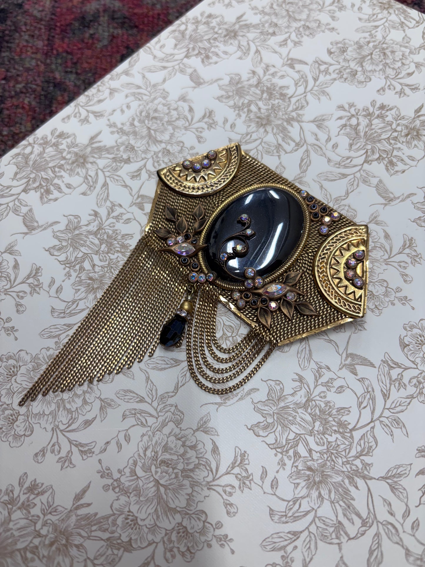 Vintage Marena Gold-Tone and Black Cabochon Crystal Dangle Brooch Pendant