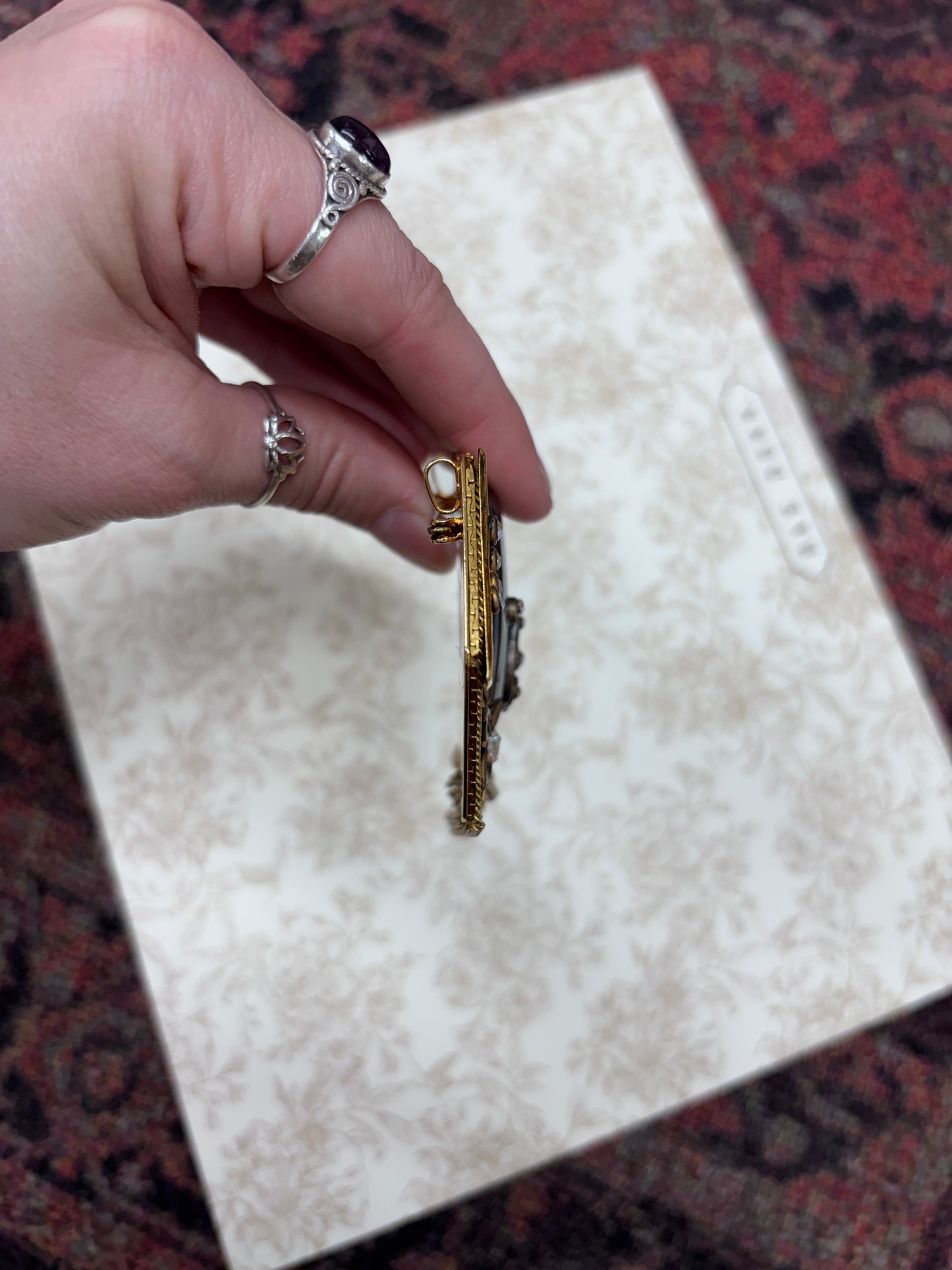 Vintage Marena Gold-Tone and Black Cabochon Crystal Dangle Brooch Pendant