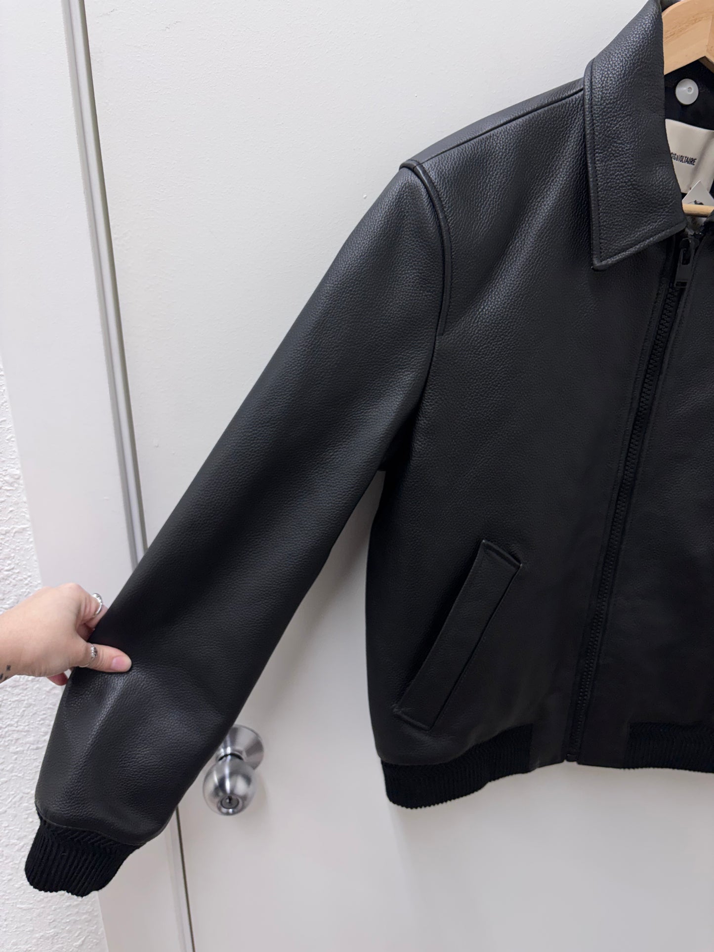 NWT Zadig & Voltaire Black Mate Padded Grained Leather Biker Jacket