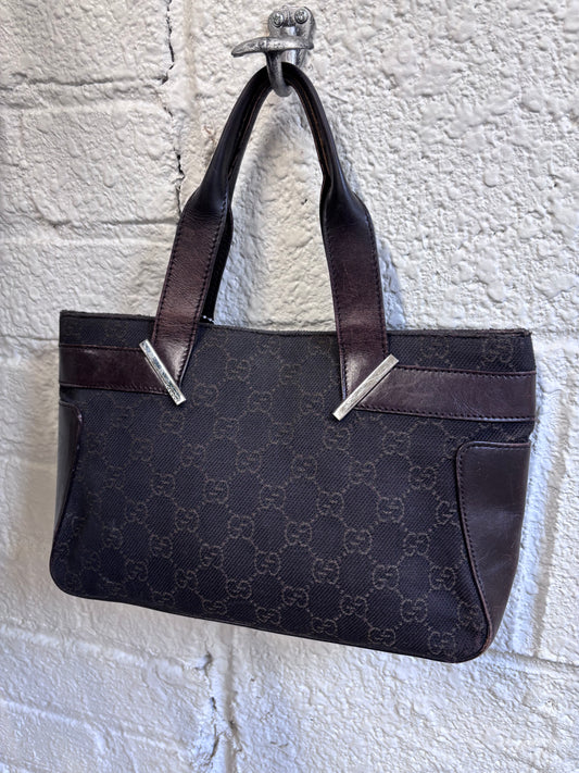 Gucci GG Denim Dark Brown Signature Top Handle Bag with Leather Trim