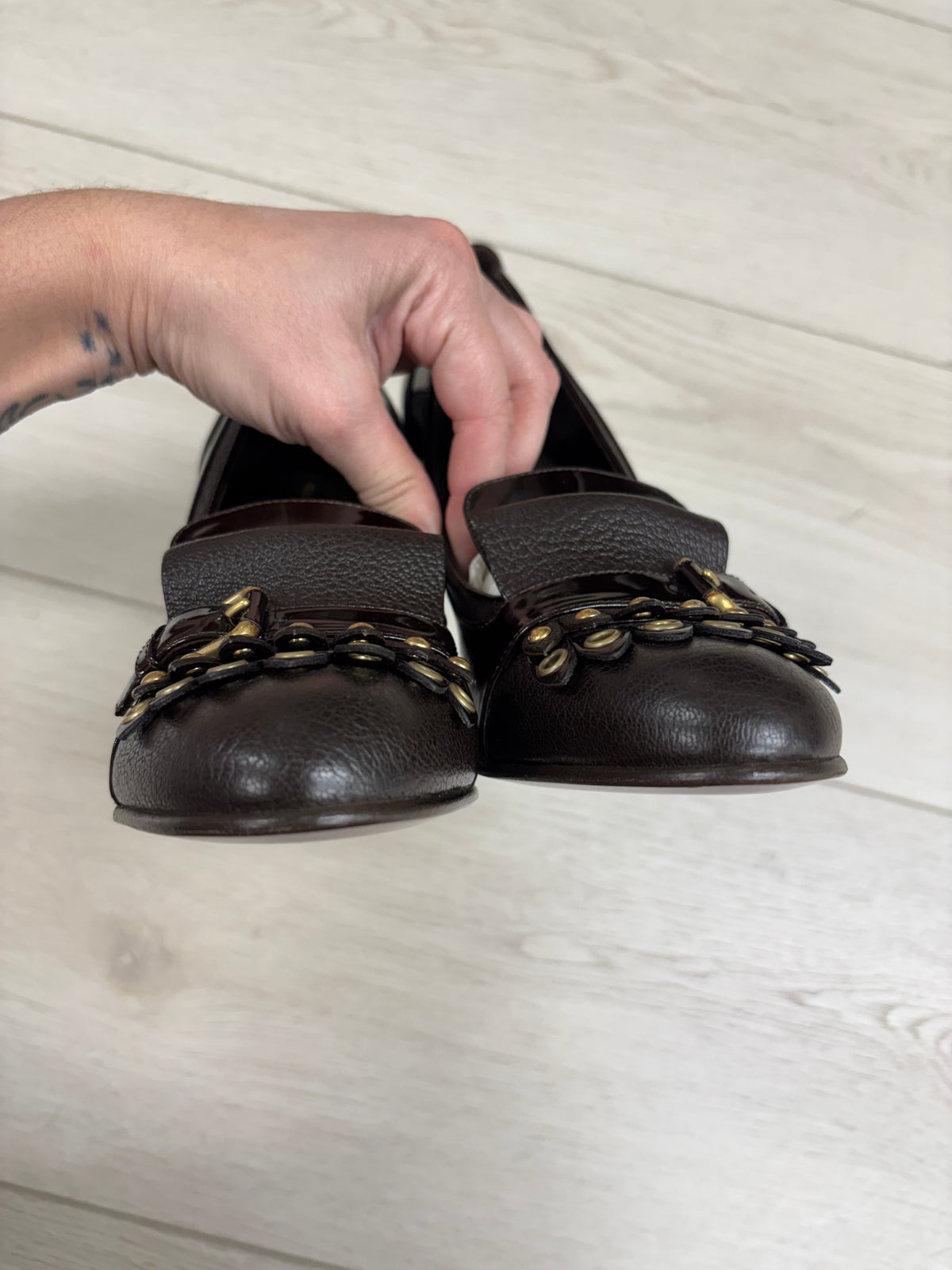 Louis Vuitton Balmoral Brogue Leather Pump in Moka with Gold Stud Accents