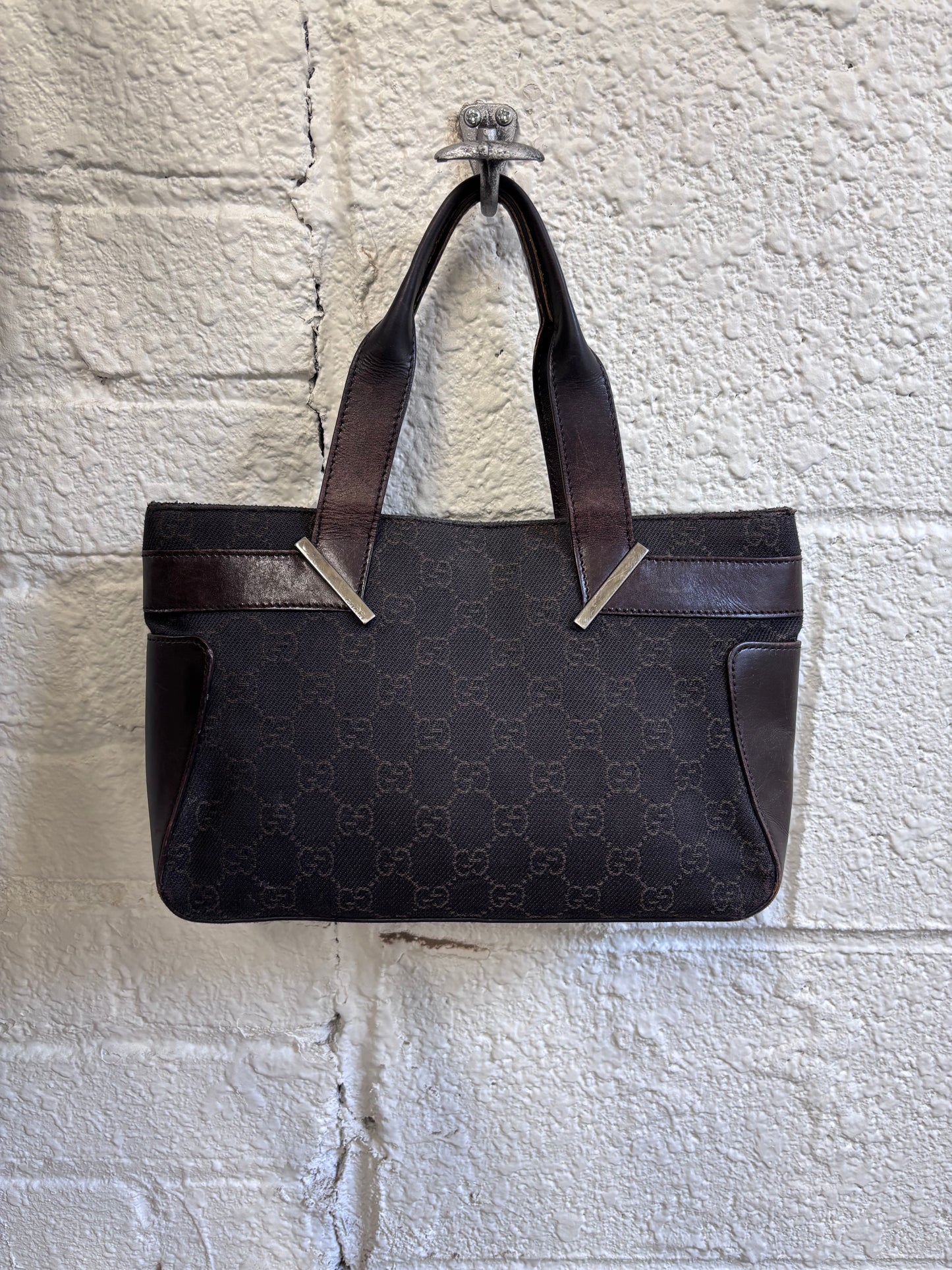 Gucci GG Denim Dark Brown Signature Top Handle Bag with Leather Trim