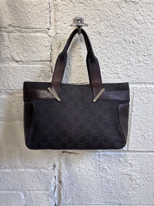 Gucci GG Denim Dark Brown Signature Top Handle Bag with Leather Trim