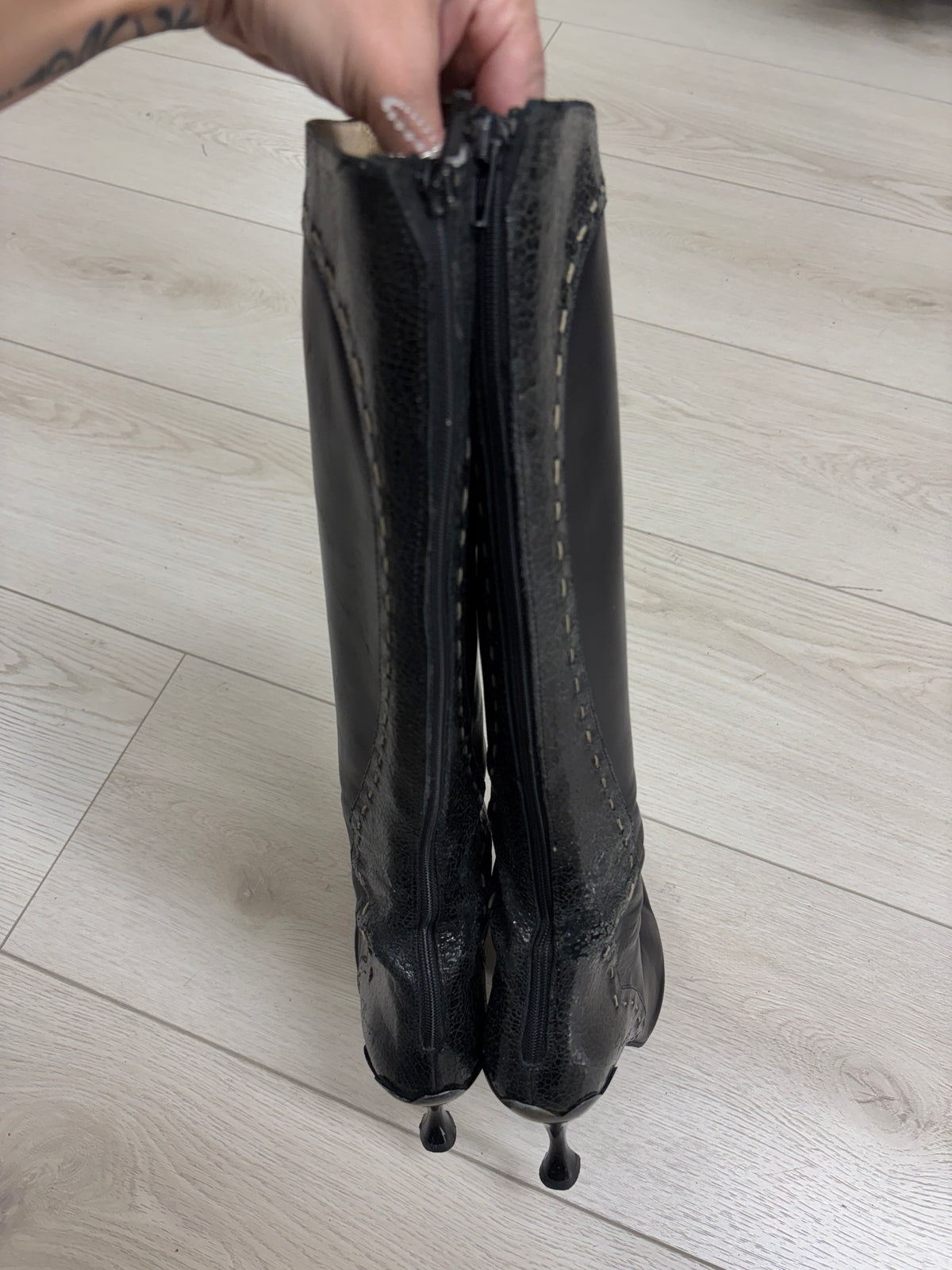 Vintage 90s/2000s John Fluevog Black Leather Knee-High Heeled Boots