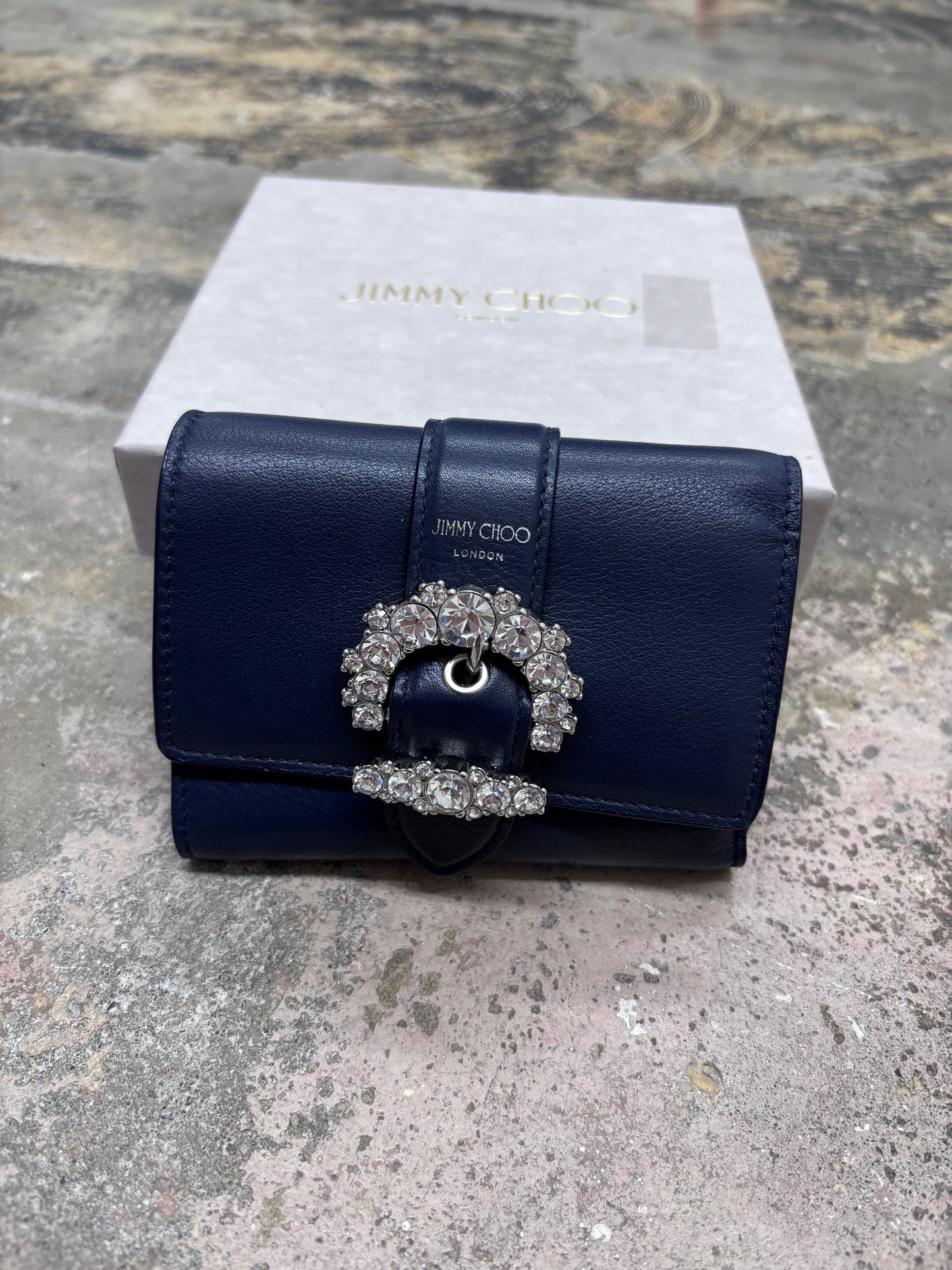 Jimmy Choo Cheri Cosmos Leather CZ Jewel Small Trifold Wallet in Navy Blue