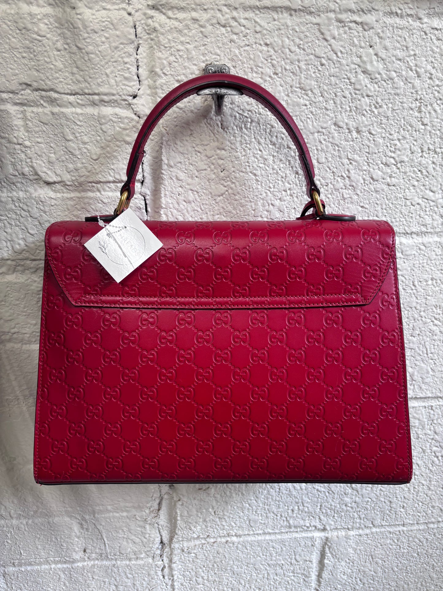 Gucci Guccissima Signature Medium Padlock Top Handle Leather Bag in Hibiscus Red
