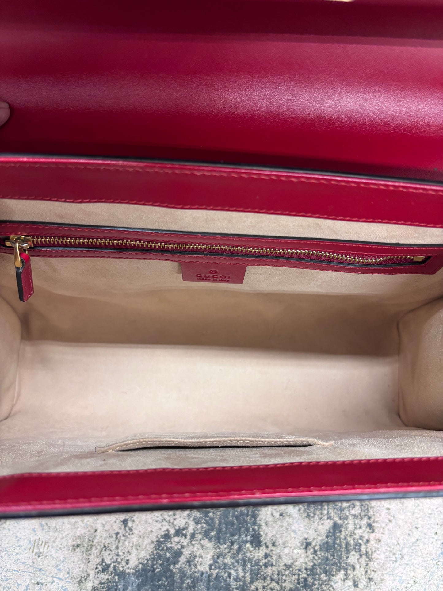 Gucci Guccissima Signature Medium Padlock Top Handle Leather Bag in Hibiscus Red