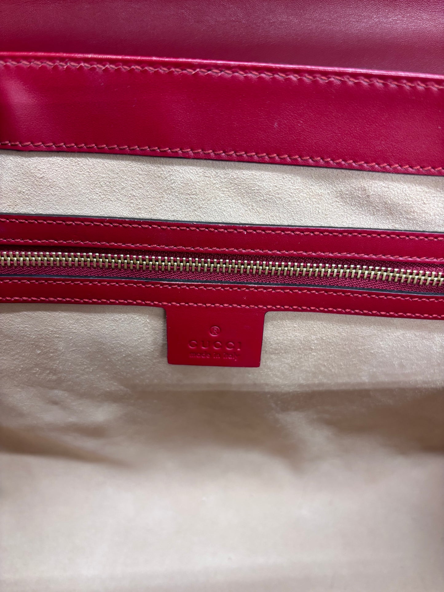 Gucci Guccissima Signature Medium Padlock Top Handle Leather Bag in Hibiscus Red